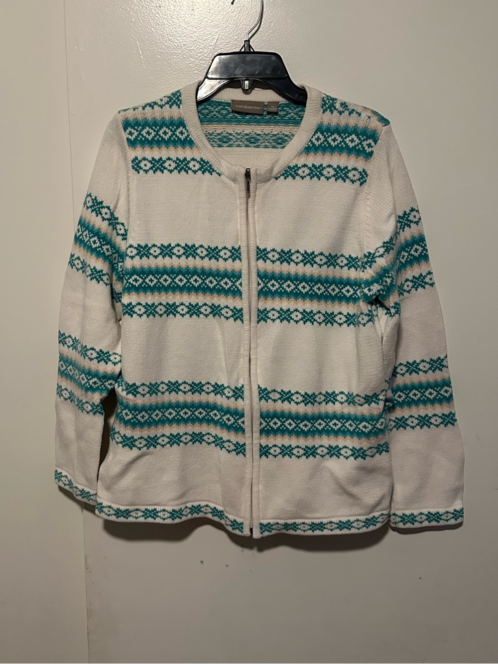 croft & barrow Cream and Teal Zip-Front Knit Cardigan